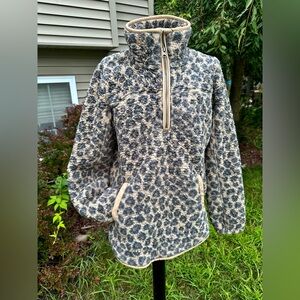 Abercrombie & Fitch 1/4 zip Leopard Print Fleece Pullover, Faux Leather Trim Med